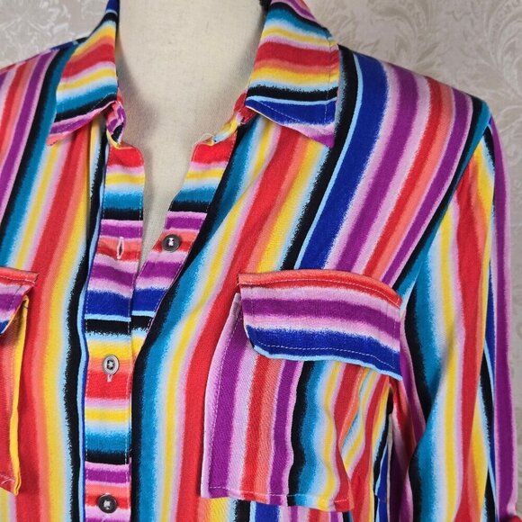 C Size Small Midi Length Multi Color Striped Dress Pockets Belt Button Front - Picture 4 of 13